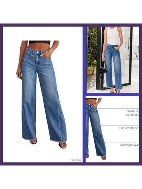 High Waisted Wide Leg Raw Hem Jeans Loose Fit Denim Pants